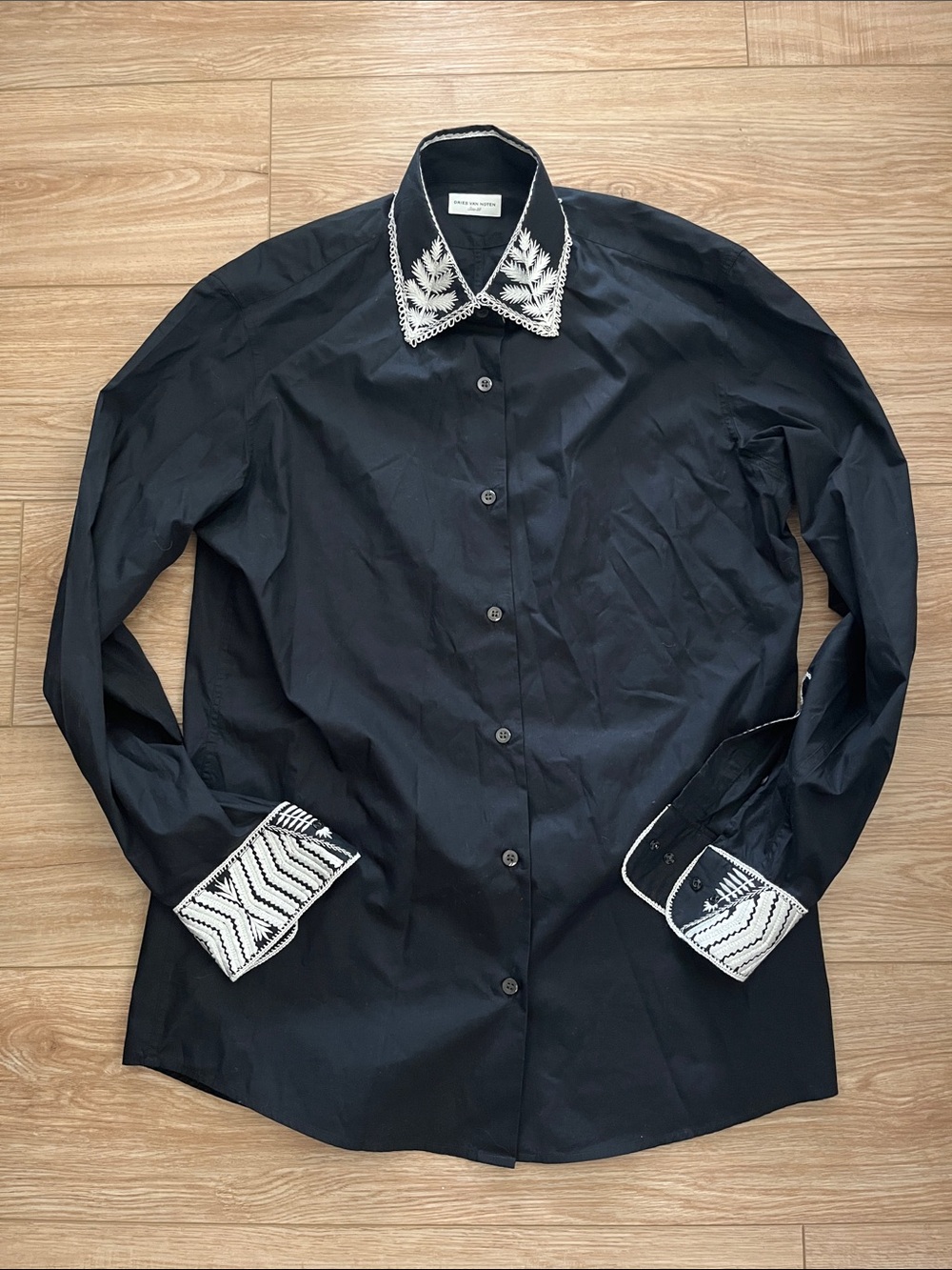 Dries Van Noten black and white embroidered button up cotton shirt